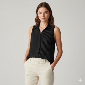 Club Monaco Black Pleated Sleeveless Collared Silk Blouse Top XS‎